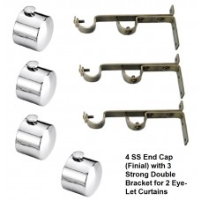 Ddrapes - 4 SS End CAP Finial With 3 Eye-let LONG Double Bracket for 2 Curtain Rod  (Both eye-let Curtain) 